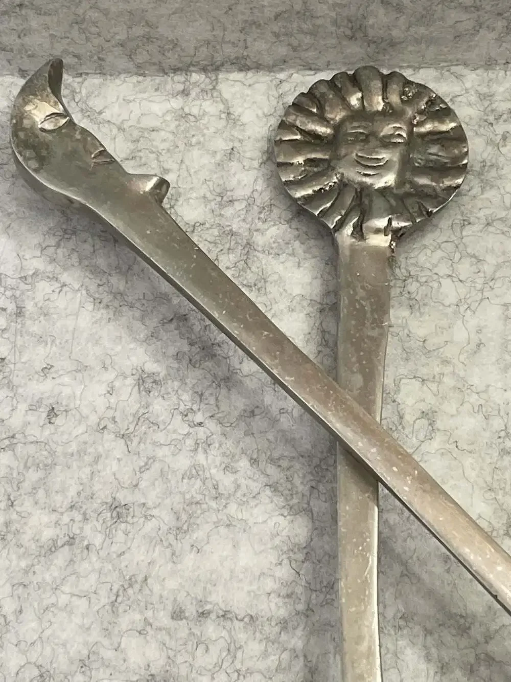 Vintage Sun and Moon Cast Aluminum Salad Serving Fork and Spoon Set folk art NU